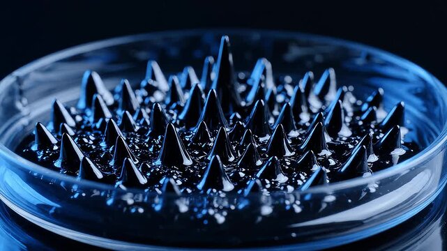 Abstract ferrofluid spikes rising in a glass dish. Magnetic liquid forming geometric shapes and sharp peaks with dark blue lighting, creating a scientific and futuristic aesthetic.