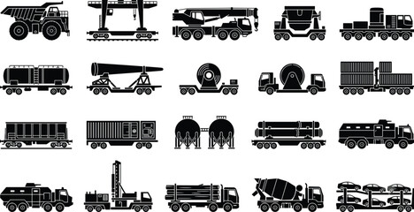 Obraz premium Industrial heavy machinery and cargo transport vehicle black solid icon set for logistics and construction