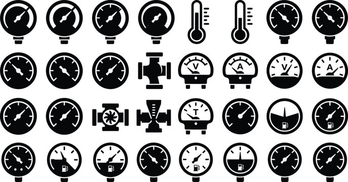 Industrial Measuring Gauges Pressure Meters and Thermometer Silhouette Icon Set for Engineering and Technical Applications