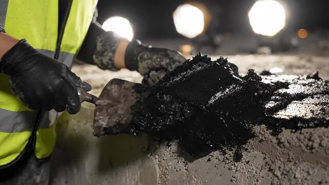 Construction worker applying black bitumen sealant on concrete surface. Professional worker using trowel to spread adhesive mixture for structural waterproofing in a industrial nighttime site.