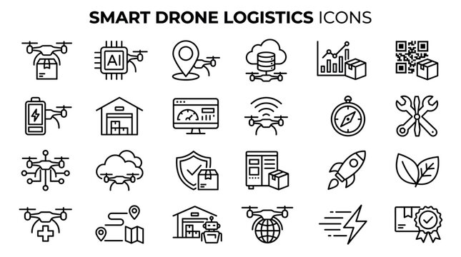 A collection of black line art icons representing smart drone logistics, including delivery, AI, warehouse automation, tracking, and technology concepts for modern shipping solutions.