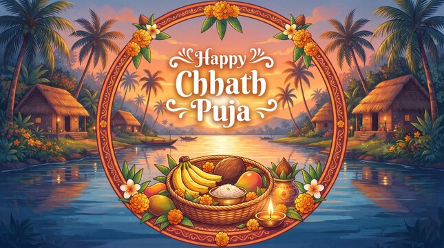 Happy Chhath Puja Festival Greeting with Traditional Offering Basket and Sacred Ritual Elements