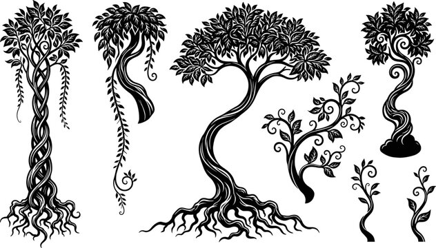 Vector set of stylized black tree silhouettes with twisted trunks, roots, and decorative vines isolated on white