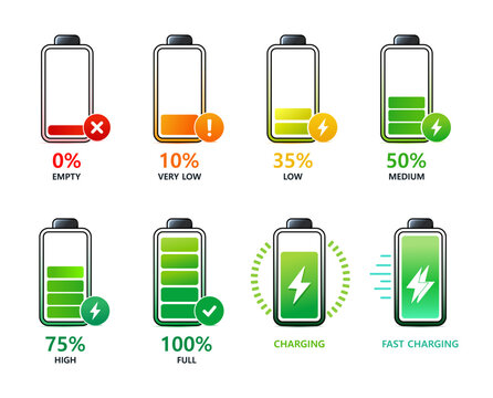 Battery Status Icons Set with Charging Levels from Empty to Full  Modern Vector UI Elements