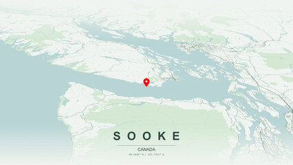 Modern minimalist vector map of Sooke, British Columbia. High-quality scalable illustration of Sooke geographic boundaries along the Sooke Basin and Juan de Fuca Strait coastlines for posters design. © AliRza