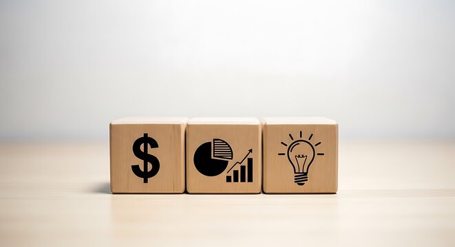 Wooden blocks showcasing financial symbols dollar, chart, lightbulb, on a wooden surface