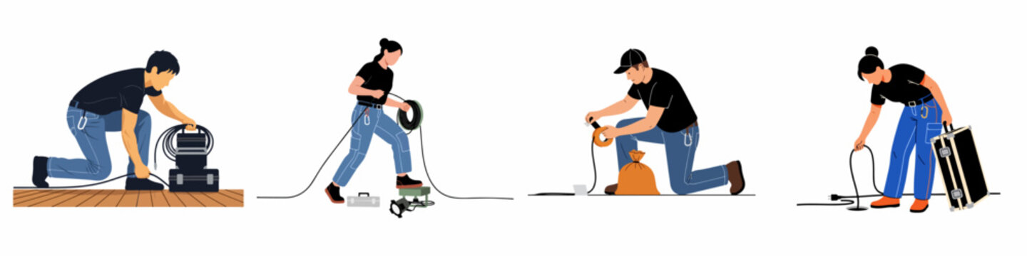 Set of illustrations depicting film production crew members and stagehands setting up electrical cables and technical equipment for a shoot or event.