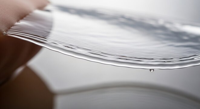 Clear water sheet flowing over human finger tip macro close up studio lighting