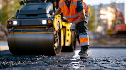 Fototapeta premium Professional paving crew using a heavy compactor roller to level steaming asphalt, perfectly smooth black road surface, construction equipment working efficiently on an urban development site, authe