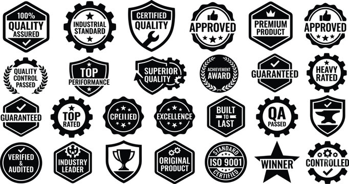 Quality assurance and product certification black badge icon set for industry standards and excellence