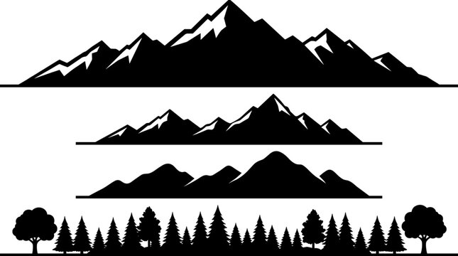 Vector silhouette collection of mountain ranges rocky peaks rolling hills and pine forest treeline borders