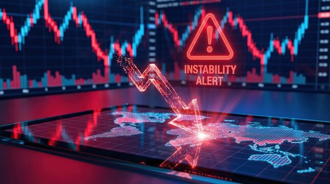 Global trade tensions cause economic conflict with tariff negotiation challenges and agreement instability alert on digital world map