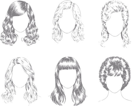 Colecci&oacute;n de peinados femeninos dibujados a mano con varios cortes y estilos para belleza y moda