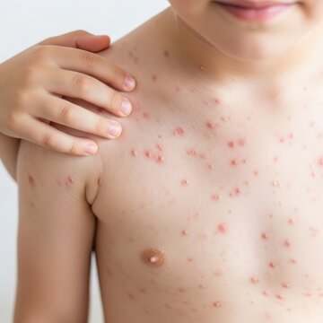 Child with chickenpox close up of torso showing raised fluid filled blisters and redness