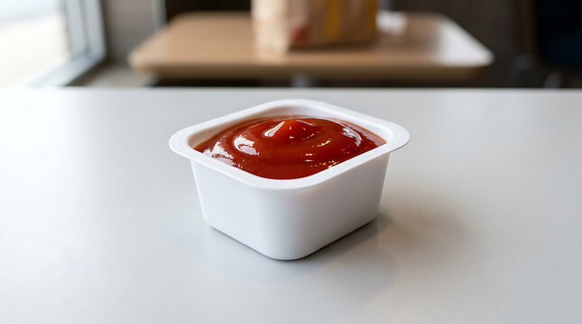 Fresh red tomato ketchup in a small white plastic dipping container on a restaurant table