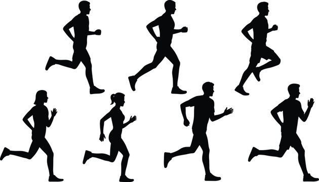 Running person silhouette vector set featuring men and women jogging in various athletic poses isolated on white background
