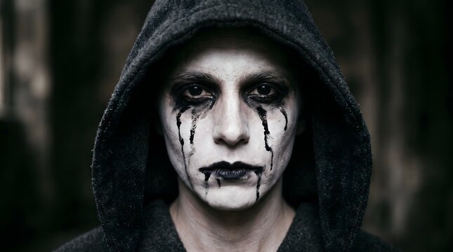 Haunted figure in hood dramatic portrait with dark makeup and intense gaze