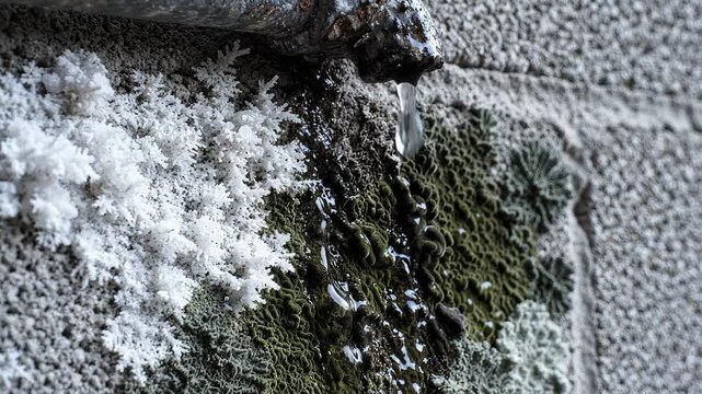 Water dripping from a rusted metal pipe onto a textured concrete wall covered in green moss and white lichen, closeup macro shot capturing liquid flow.