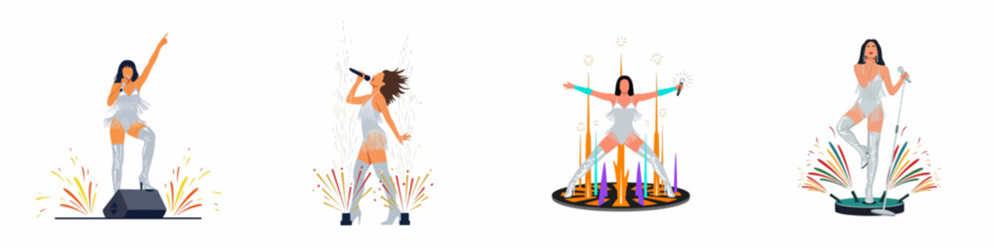 Vector illustration set of a female pop singer performing on stage in a silver fringed outfit with microphones and fireworks.