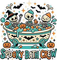 Naklejka premium Spooky halloween shirt design skeletons in bathtub with pumpkins festive october graphic for apparel