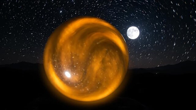 Abstract celestial glass orb reflecting a shifting transition from sunset to a starry night sky with moon and rotating star trails, featuring cinematic visual effects in a desert mountain landscape.