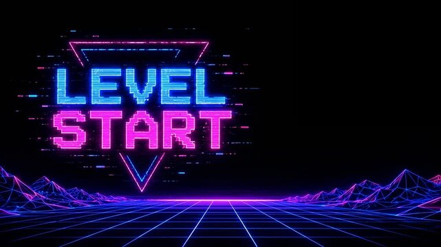 Glowing LEVEL START screen activates above a neon wireframe landscape in an energetic retro arcade animation introducing a new gaming challenge