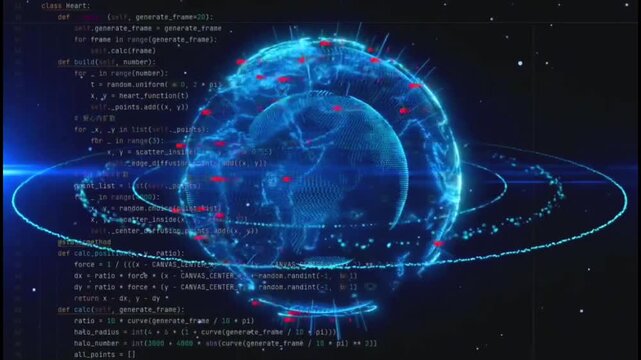 Digital Earth Globe Rotating with Overlaid Python Programming Code Lines and Global Data Network