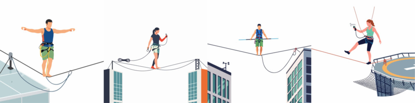 Flat vector illustration of athletes highlining and tightrope walking between city skyscrapers, showcasing balance, courage, and extreme sports in an urban environment.