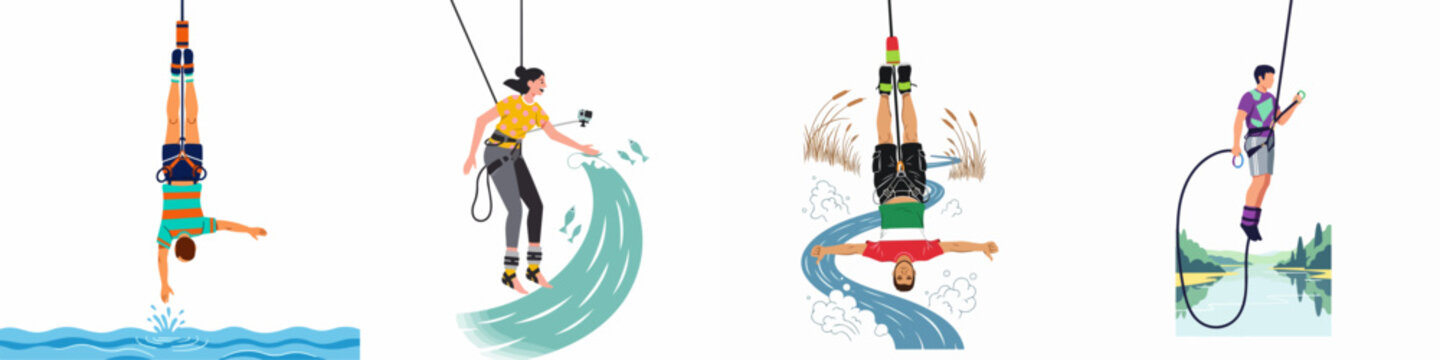 Collection of diverse people bungee jumping in extreme outdoor settings over water and rivers, featuring various jumping styles and equipment.