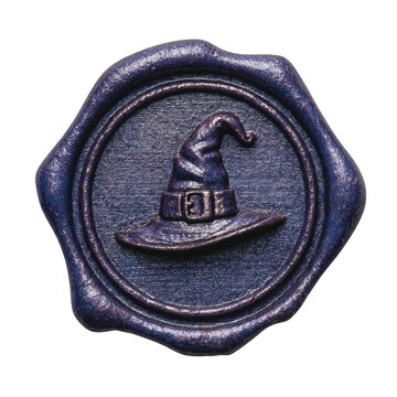 Dark purple wax seal with a detailed witch hat symbol embossed on textured surface