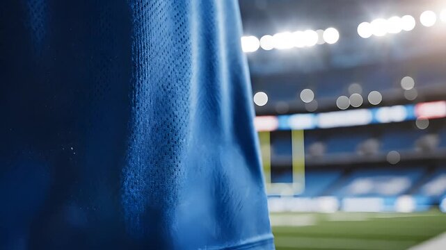 Close up of blue sports jersey texture with stadium background.