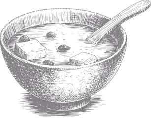 Dibujo a mano de un tazón de sopa de miso con cubos de tofu y algas en un estilo japonés clásico © StockMingle