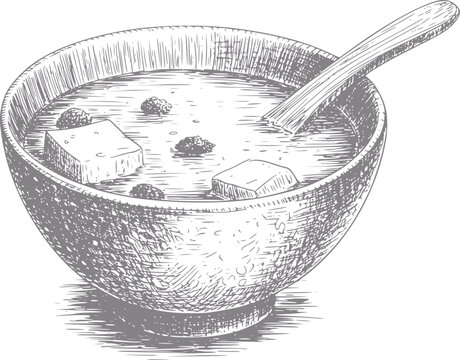 Dibujo a mano de un taz&oacute;n de sopa de miso con cubos de tofu y algas en un estilo japon&eacute;s cl&aacute;sico
