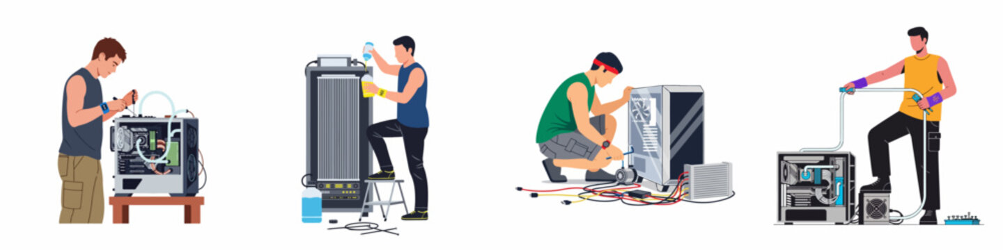 Set of illustrations showing technicians and hobbyists building and maintaining high-performance gaming PCs and servers with advanced cooling systems.