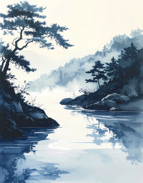 Elegant Korean traditional blue ink landscape painting with pine trees and a calm flowing river