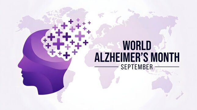 World alzheimer's month awareness campaign purple silhouette with global map and medical symbols