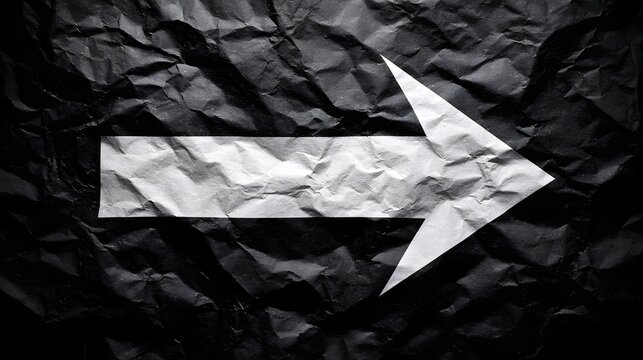 White arrow pointing right painted on a textured black crumpled paper background. Direction and progress concept.