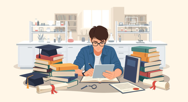 Student studying hard with books and tablet in a laboratory setting.
