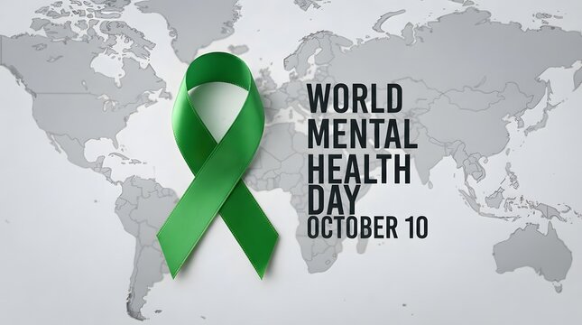 World mental health day awareness ribbon with global map backdrop october 10th support