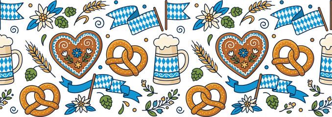 Naklejka premium Oktoberfest Seamless Border Pattern with Traditional Bavarian Elements Beer Mugs Pretzels Gingerbread Hearts Bavarian Flags Hops and Edelweiss Flowers for Autumn Festival Designs