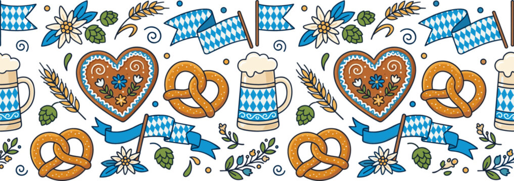 Oktoberfest Seamless Border Pattern with Traditional Bavarian Elements Beer Mugs Pretzels Gingerbread Hearts Bavarian Flags Hops and Edelweiss Flowers for Autumn Festival Designs