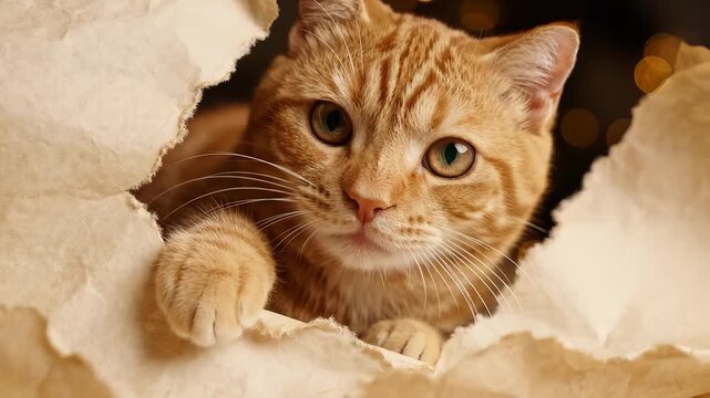 Ginger tabby cat peeking through torn paper, curious animal look.