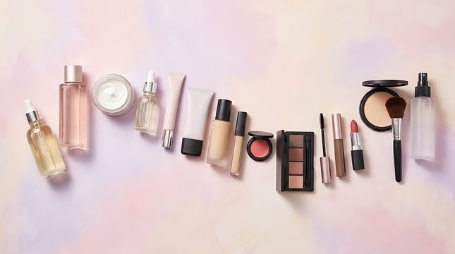 Set of various makeup products and skincare bottles arranged in a row on a soft pink background top view. beginner makeup guide