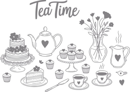Dibujo a mano de una escena de la hora del t&eacute; con un pastel, tetera, cupcakes, flores y tazas en estilo doodle