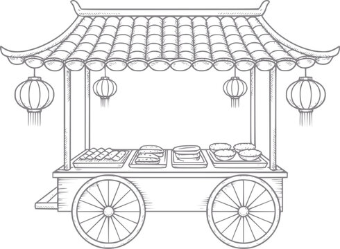 Dibujo a mano de un carrito de comida callejera asi&aacute;tico tradicional con faroles colgantes y varios snacks en exhibici&oacute;n