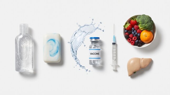 Liver health protection concept with vaccine, syringe, healthy food, sanitizer, soap, and anatomical liver model on white background