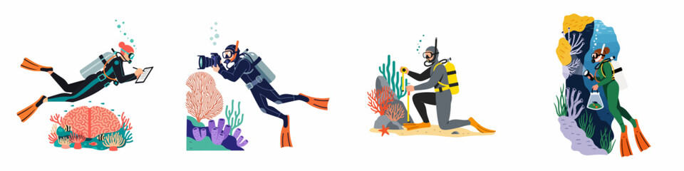 Flat vector illustrations of scuba divers and marine biologists conducting underwater scientific research, exploration, and photography on colorful coral reefs. © Muqodimatul