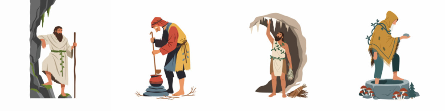 Set of bearded hermits and ascetics living in isolation, featuring various scenes of primitive life, cave dwelling, and ancient survival practices.