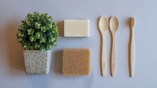 Eco friendly bathroom accessories flat lay with bamboo toothbrush and natural soap bar