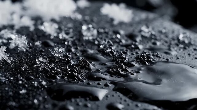 Macro closeup of melting white snow crystals and ice flakes dissolving into water droplets on a dark reflective surface, captured in high detail.